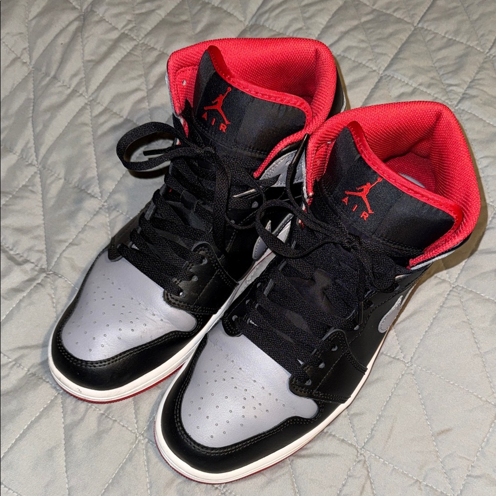 AIR JORDAN 1 MID MEN SNEAKERS – Black/Cement Grey-Fire Red-White (Size 11)